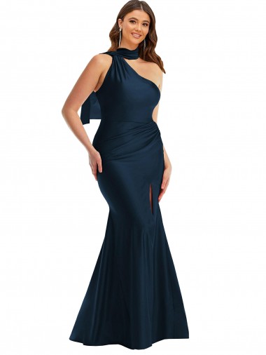 Discount Silky Satin Mermaid Long Sleeveless Front Slit Formal Plus Size Formal Dress
