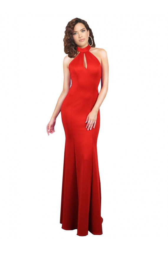 Discount Stretch Satin Mermaid Long Sleeveless Keyhole Back Formal Dress