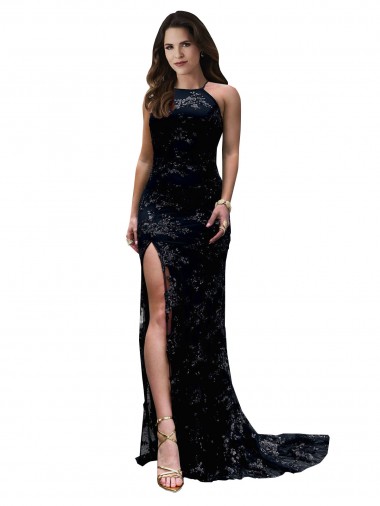 Discount Lace Mermaid Long Sleeveless Open Back High Slit Formal Dress