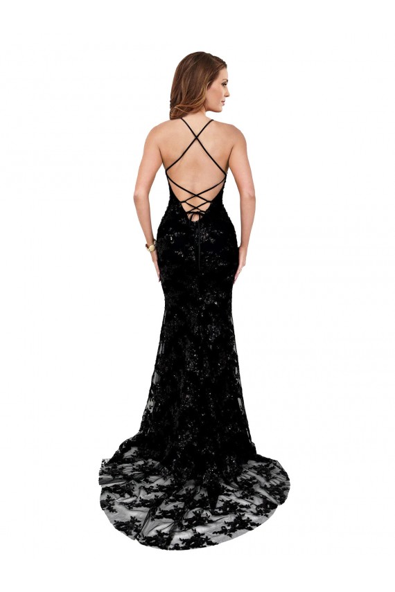 Discount Lace Mermaid Long Sleeveless Open Back High Slit Formal Dress