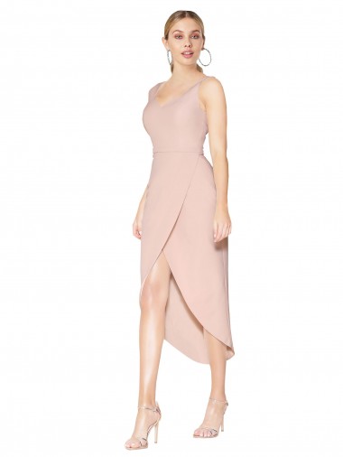 Discount Stretch Crepe Mermaid Knee Length Sleeveless V-Back High Low Formal Dress