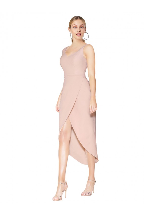Discount Stretch Crepe Mermaid Knee Length Sleeveless V-Back High Low Formal Dress