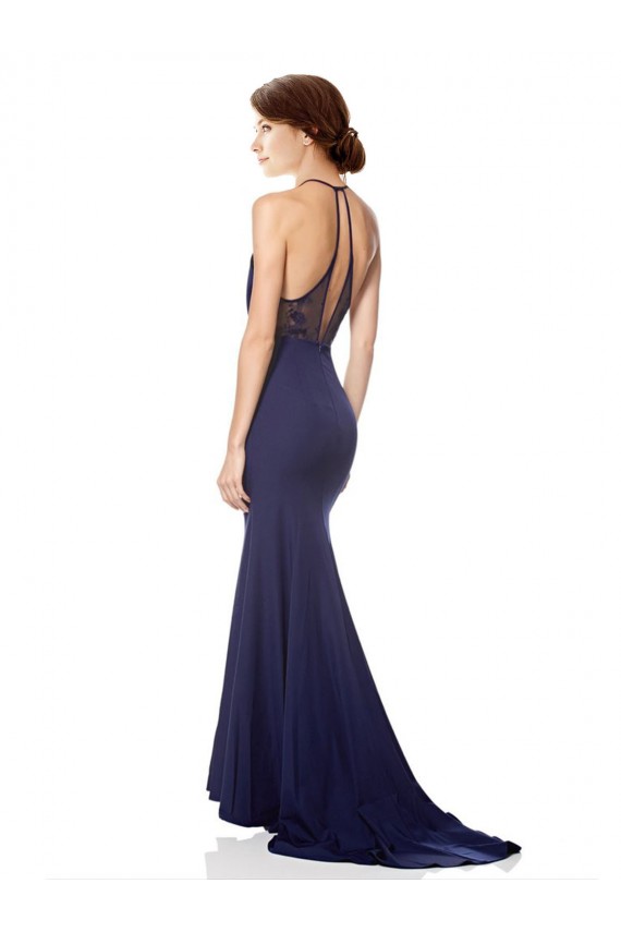 Discount Stretch Crepe Mermaid Mermaid Sleeveless Navy Blue Formal Dress