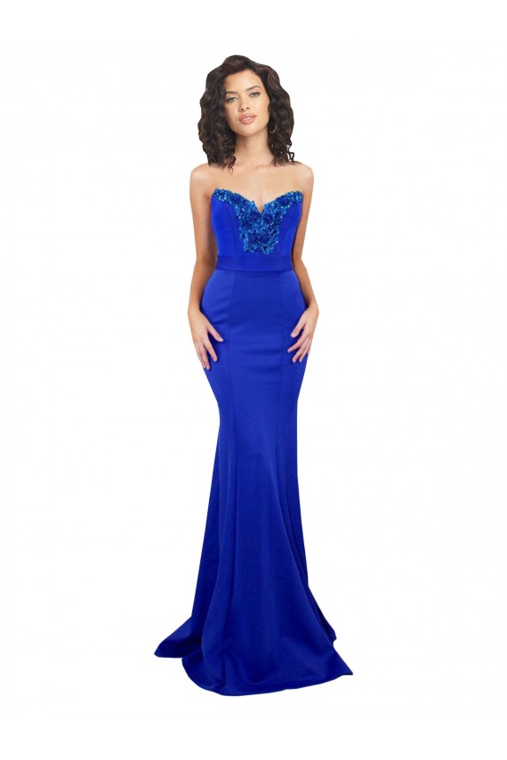 Discount Stretch Crepe Mermaid Long Sleeveless Royal Blue Low Back Formal Dress