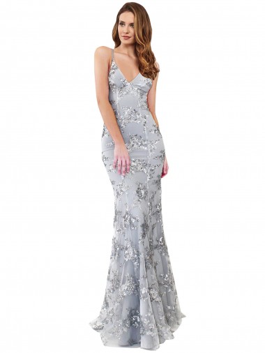 Discount Stretch Crepe & Sequin Tulle Mermaid Mermaid Sleeveless Silver Formal Dress