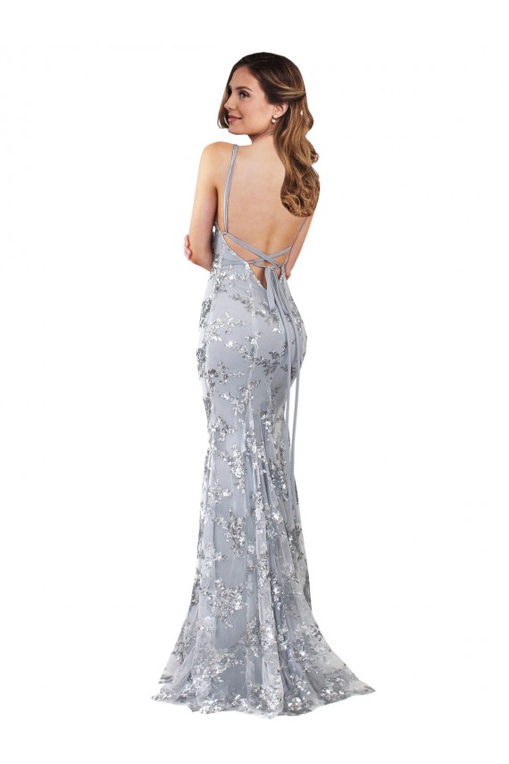 Discount Stretch Crepe & Sequin Tulle Mermaid Mermaid Sleeveless Silver Formal Dress