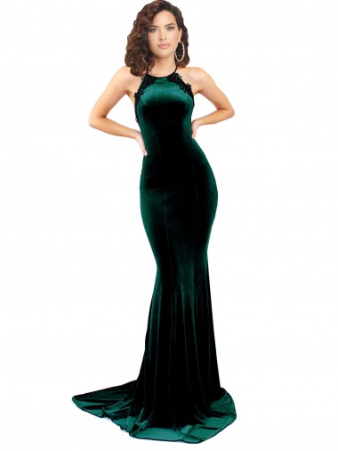 Discount Stretch Velvet Mermaid Sweep Train Sleeveless Low Back Formal Dress