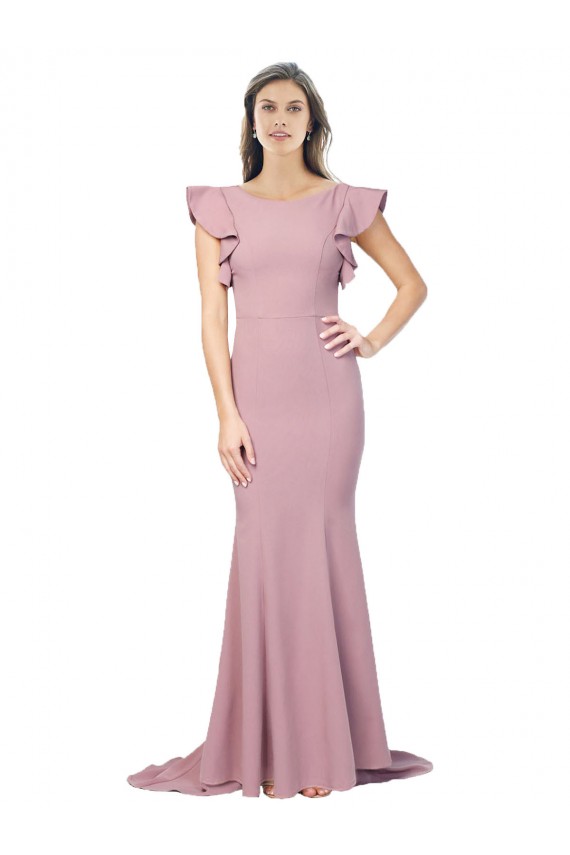 Discount Stretch Crepe Mermaid Sweep Train Flutter Sleeves Low Back Formal Dress
