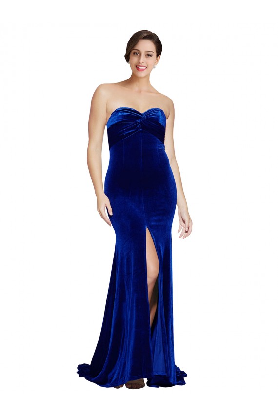 Discount Stretch Velvet Mermaid Sweep Train Sleeveless Low Back Front Slit Formal Dress
