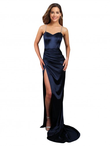 Discount Stretch Satin Mermaid Long Sleeveless Dark Navy Formal Dress