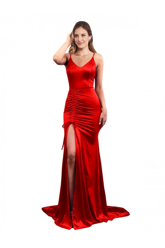 Discount Stretch Satin Mermaid Long Sleeveless Low Back Formal Dress