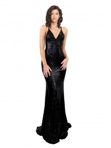 Discount Sequin Mermaid Long Sleeveless Criss Cross Open Back Black Tie Formal Dress