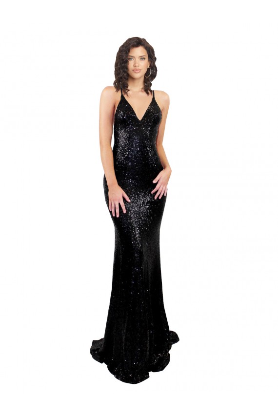 Discount Sequin Mermaid Long Sleeveless Criss Cross Open Back Black Tie Formal Dress