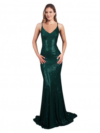 Discount Sequin Mermaid Long Sleeveless Low Back Dark Green Formal Dress