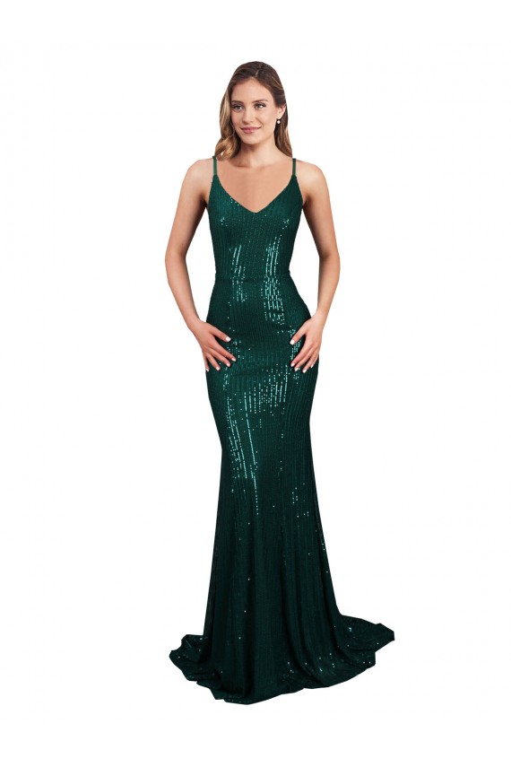 Discount Sequin Mermaid Long Sleeveless Low Back Dark Green Formal Dress