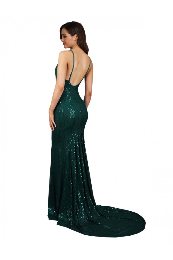 Discount Sequin Mermaid Long Sleeveless Low Back Dark Green Formal Dress