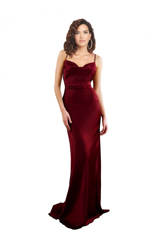 Discount Silky Satin Sheath Long Sleeveless Criss Cross Open Back Burgundy Formal Dress