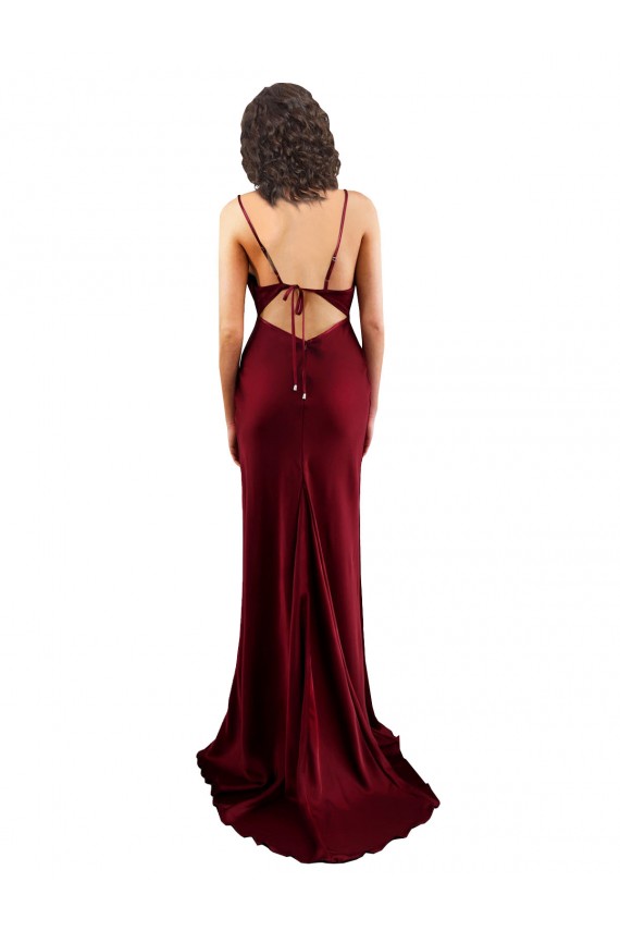 Discount Silky Satin Sheath Long Sleeveless Criss Cross Open Back Burgundy Formal Dress