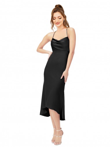 Discount Silky Satin Sheath Midi Length Sleeveless Criss Cross Back High Low Formal Dress