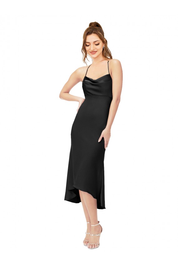 Discount Silky Satin Sheath Midi Length Sleeveless Criss Cross Back High Low Formal Dress
