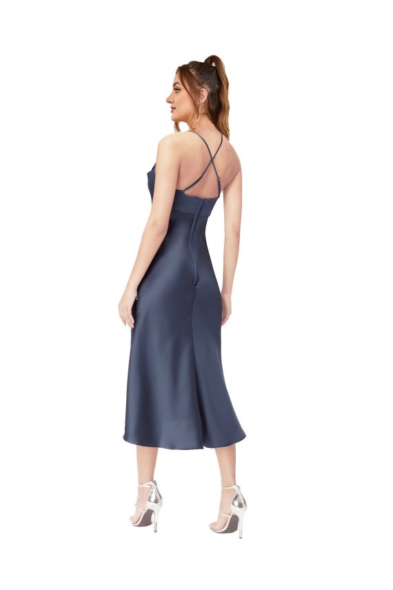 Discount Silky Satin Sheath Midi Length Sleeveless Criss Cross Back High Low Formal Dress