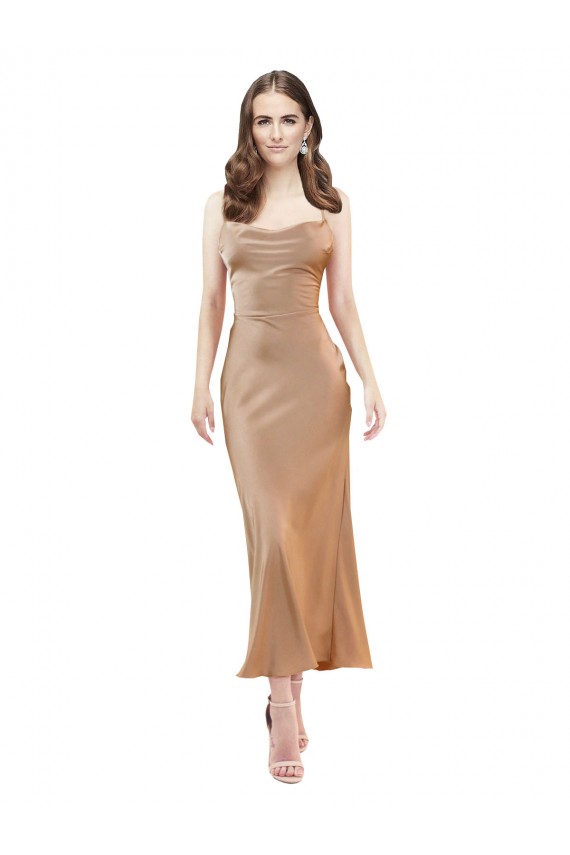 Discount Silky Satin Sheath Midi Length Sleeveless Low Back Formal Dress