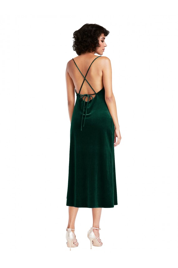 Discount Stretch Velvet Sheath Midi Length Sleeveless Criss Cross Open Back Black Tie Formal Dress