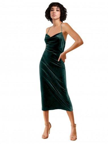 Discount Stretch Velvet Sheath Midi Length Sleeveless Criss Cross Open Back Formal Dress