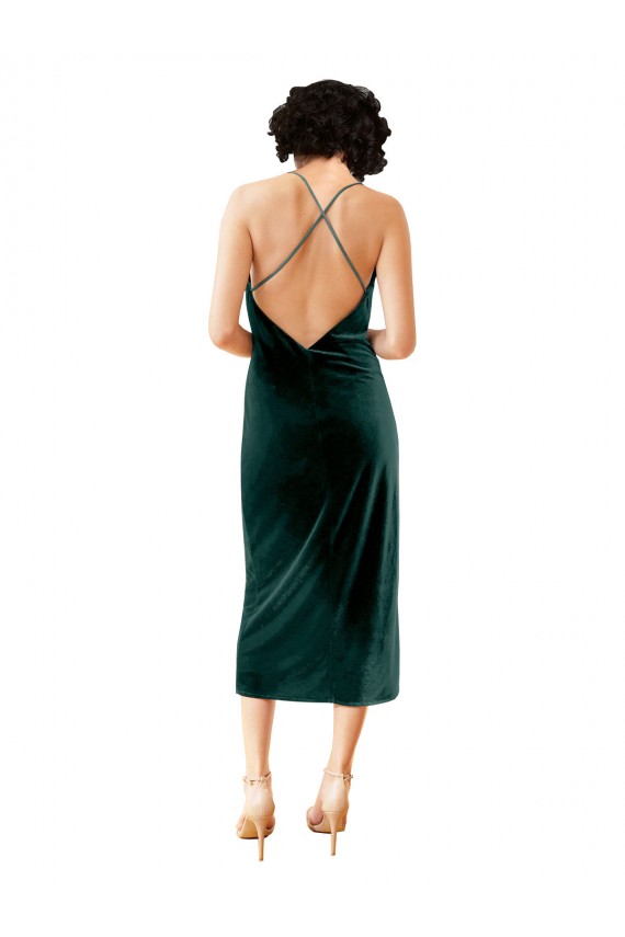 Discount Stretch Velvet Sheath Midi Length Sleeveless Criss Cross Open Back Formal Dress