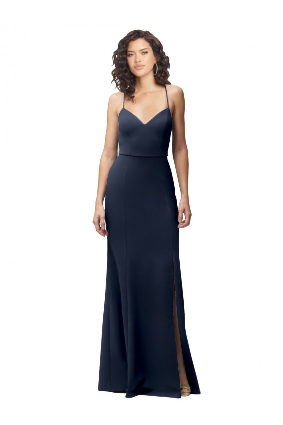 Discount Stretch Crepe Sheath Long Sleeveless Criss Cross Back Formal Dress