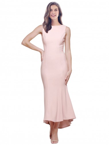 Discount Stretch Crepe Sheath Midi Length Sleeveless Low Back High Low Formal Dress