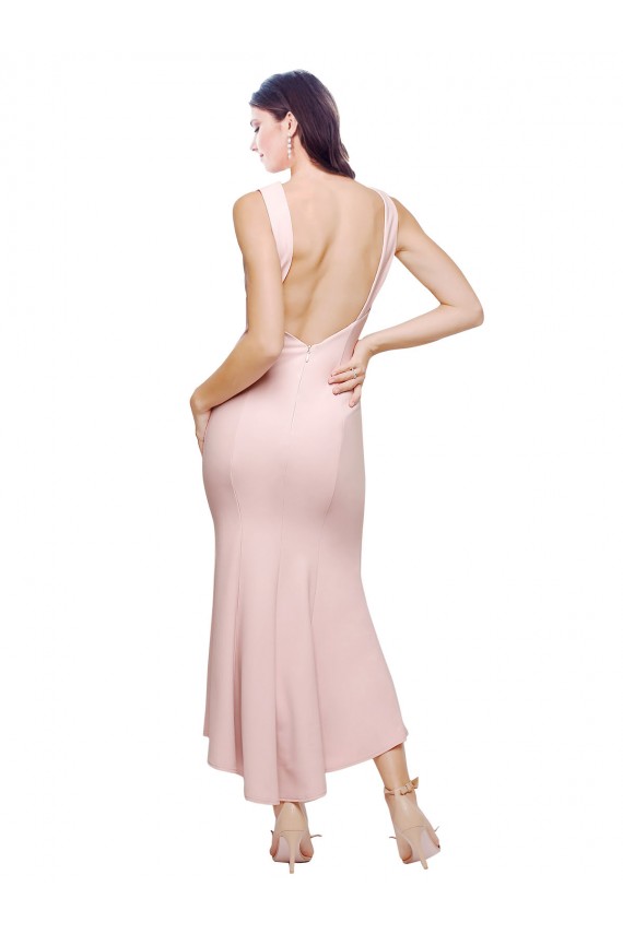 Discount Stretch Crepe Sheath Midi Length Sleeveless Low Back High Low Formal Dress