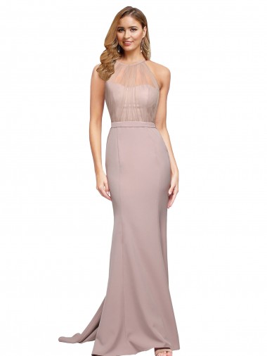 Discount Stretch Crepe Sheath Sweep Train Sleeveless Dusty Pink Formal Dress