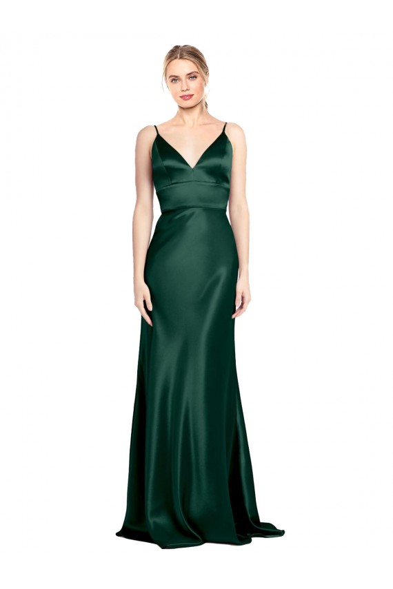 Discount Stretch Satin Sheath Long Sleeveless V-Back Formal Dress