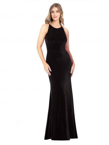 Discount Stretch Velvet Sheath Long Sleeveless Criss Cross Back Formal Dress