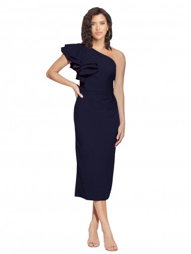 Discount Stretch Crepe Sheath Midi Length Sleeveless Dark Navy Formal Dress