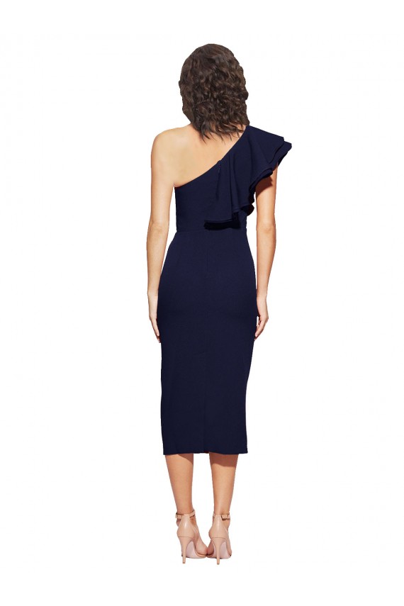 Discount Stretch Crepe Sheath Midi Length Sleeveless Dark Navy Formal Dress