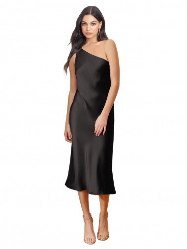 Discount Stretch Satin Sheath Midi Length Sleeveless Black Formal Dress