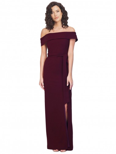 Discount Stretch Crepe Sheath Long Sleeveless Low Back Burgundy Gold Formal Dress