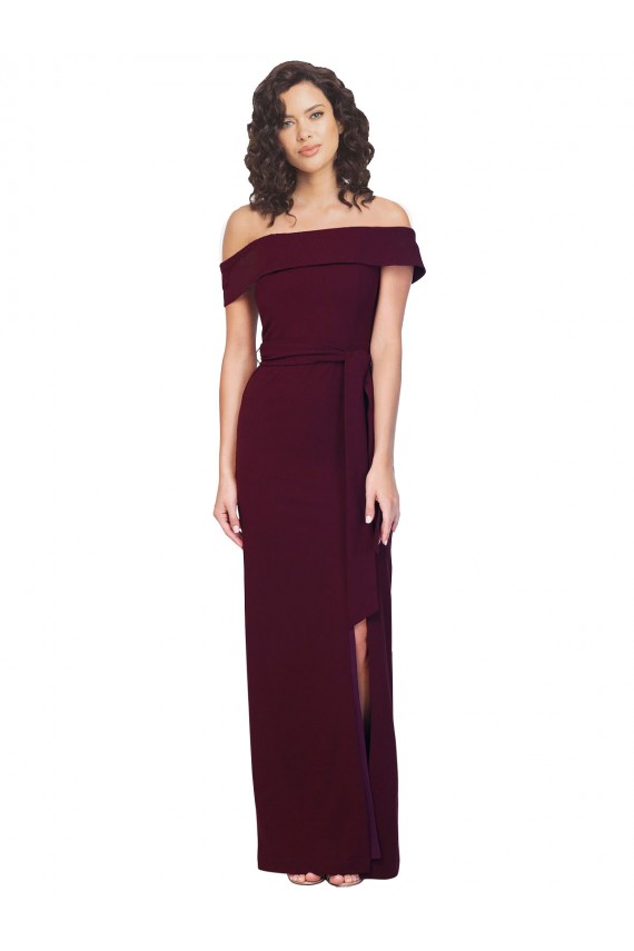 Discount Stretch Crepe Sheath Long Sleeveless Low Back Burgundy Gold Formal Dress