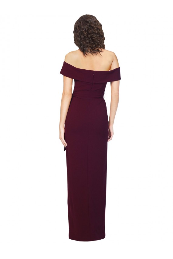 Discount Stretch Crepe Sheath Long Sleeveless Low Back Burgundy Gold Formal Dress