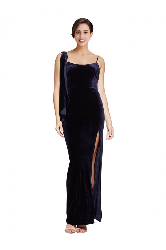Discount Stretch Velvet Sheath Long Sleeveless Low Back High Side Slit Formal Dress