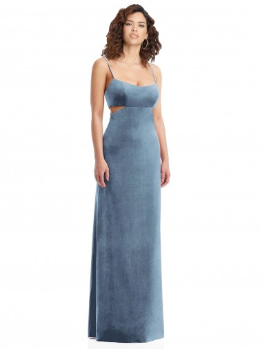 Discount Stretch Velvet Sheath Long Sleeveless Low Back Dusty Blue Formal Dress