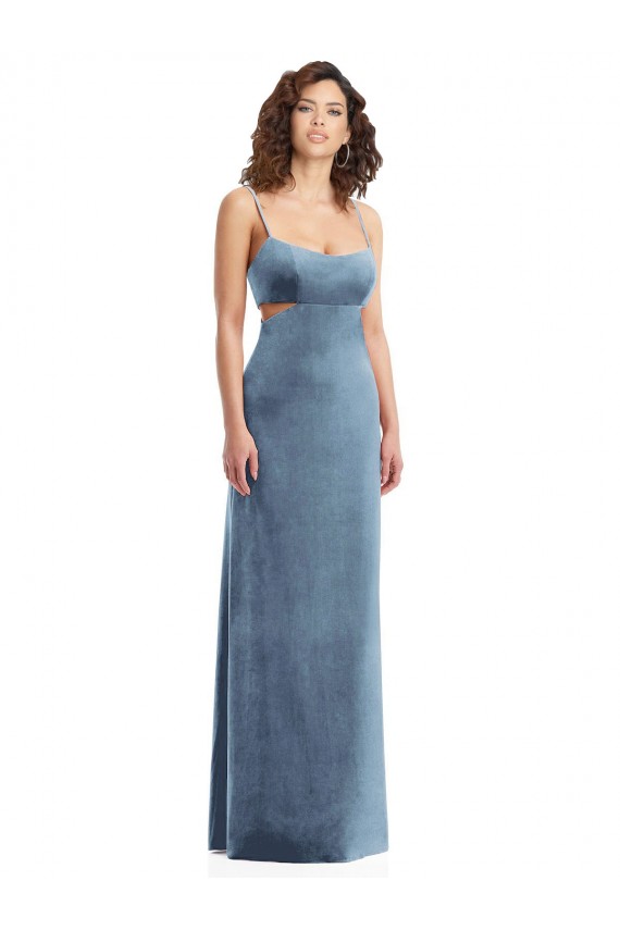 Discount Stretch Velvet Sheath Long Sleeveless Low Back Dusty Blue Formal Dress