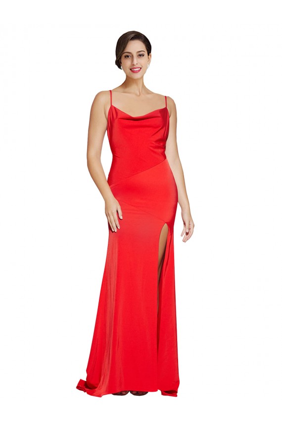 Discount Stretch Satin Sheath Long Sleeveless Low Back High Side Slit Formal Dress