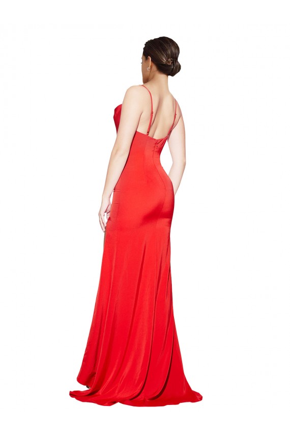 Discount Stretch Satin Sheath Long Sleeveless Low Back High Side Slit Formal Dress