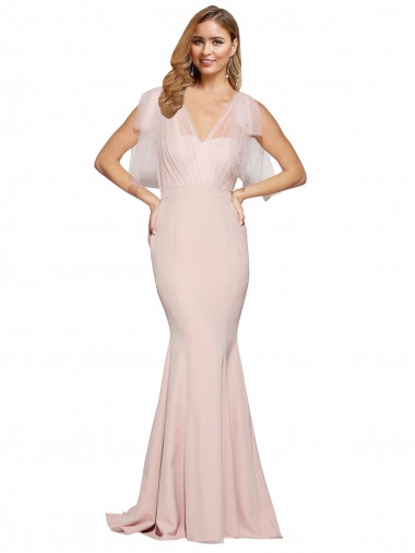 Discount Stretch Crepe & Tulle Sheath Long Sleeveless Low Back Formal Gowns