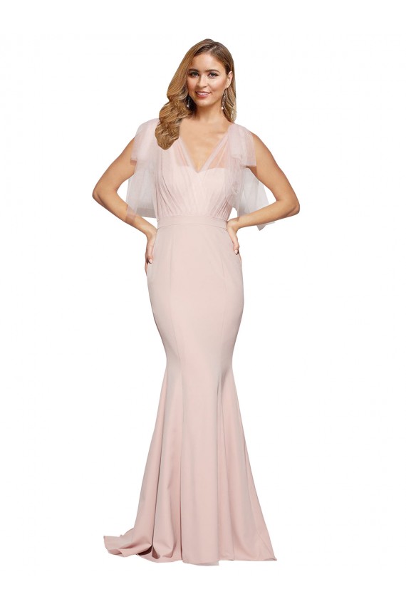 Discount Stretch Crepe & Tulle Sheath Long Sleeveless Low Back Formal Gowns