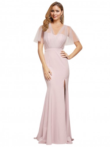 Discount Stretch Crepe & Tulle Sheath Short Sleeves Long Low Back Formal Dress