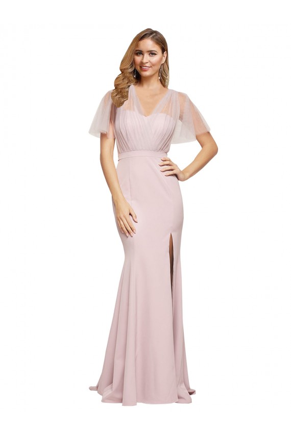 Discount Stretch Crepe & Tulle Sheath Short Sleeves Long Low Back Formal Dress